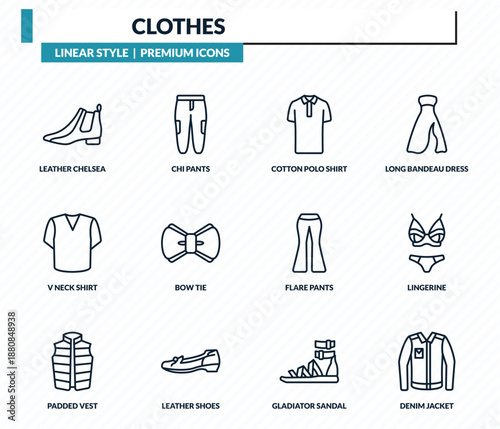 clothes icons set - leather chelsea boots, chi pants, cotton polo shirt, lingerine, denim jacket outline vector collection.