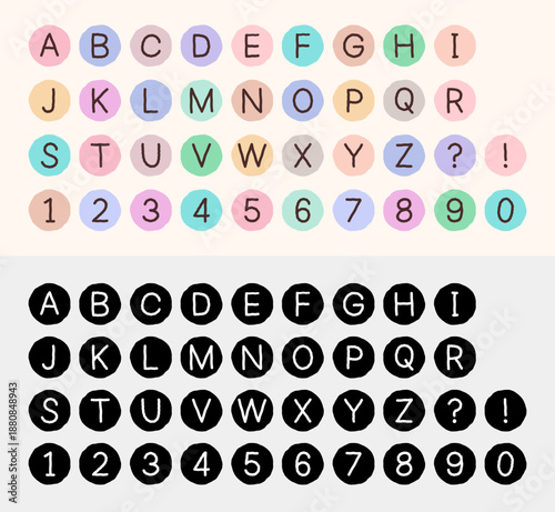 A set of hand-drawn alphabet and number icons in a circle. Two versions of the alphabet icons: colorful and black and white.