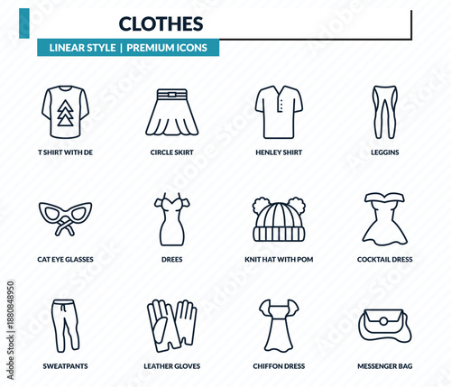 clothes icons set - t shirt with de, circle skirt, henley shirt, cocktail dress, messenger bag outline vector collection.