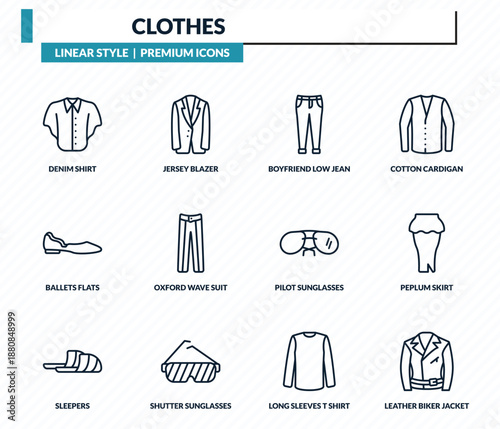 clothes icons set - denim shirt, jersey blazer, boyfriend low jean, peplum skirt, leather biker jacket outline vector collection.