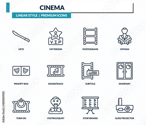 cinema icons set - hete, vip person, photograms, doorway, slide projector outline vector collection.