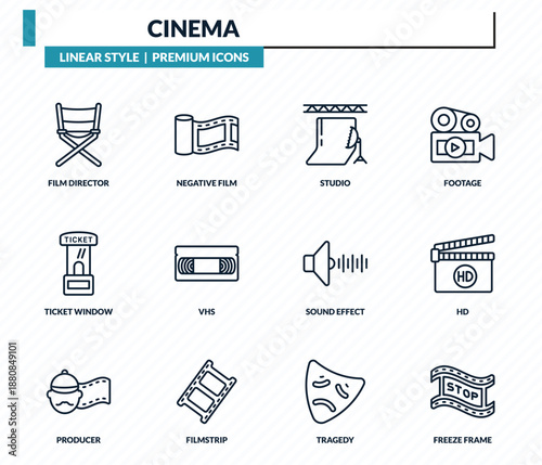 cinema icons set - film director, negative film, studio, hd, freeze frame outline vector collection.