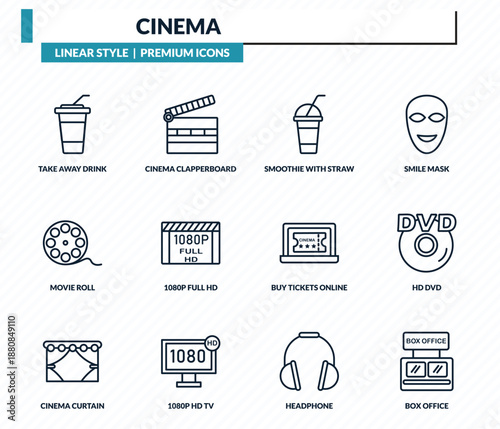 cinema icons set - take away drink, cinema clapperboard, smoothie with straw, hd dvd, box office outline vector collection.