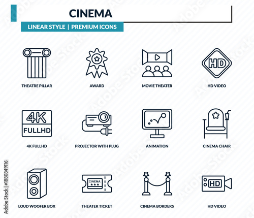 cinema icons set - theatre pillar, award, movie theater, cinema chair, hd video outline vector collection.