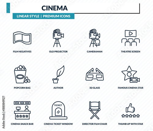 cinema icons set - film negatives, old projector, cameraman, famous cinema star, thumb up with star outline vector collection.