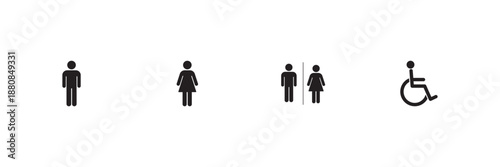 Collection of eight square icons representing restroom facilities including accessible wheelchair symbols