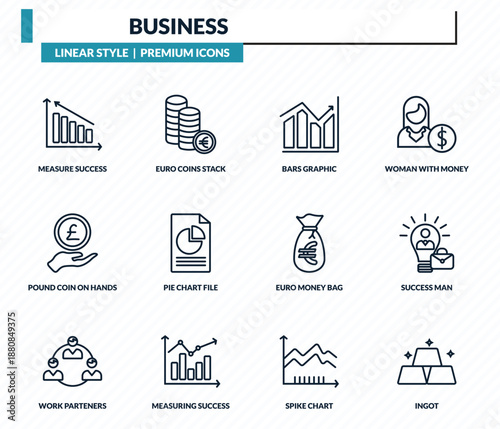 business icons set - measure success, euro coins stack, bars graphic, success man, ingot outline vector collection.