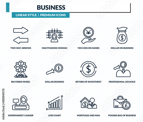 business icons set - two way arrows, multitasking woman, yen coin on hands, professional advance, pounds bag of business outline vector collection.