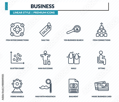 business icons set - item interconnections, sale tag, yen business search, sitting, music business card outline vector collection.