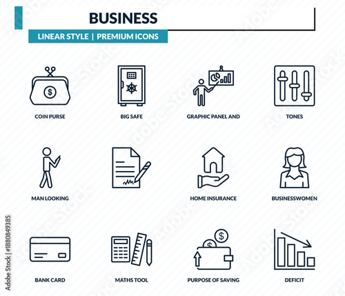 business icons set - coin purse, big safe, graphic panel and man, businesswomen, deficit outline vector collection.