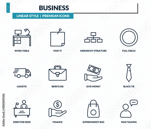 business icons set - work table, post it, hierarchy structure, black tie, man talking outline vector collection.