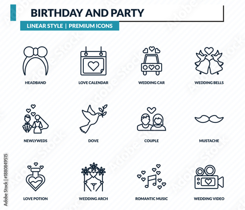 birthday and party icons set - headband, love calendar, wedding car, mustache, wedding video outline vector collection.
