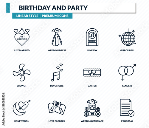 birthday and party icons set - just married, wedding dress, jukebox, genders, proposal outline vector collection.