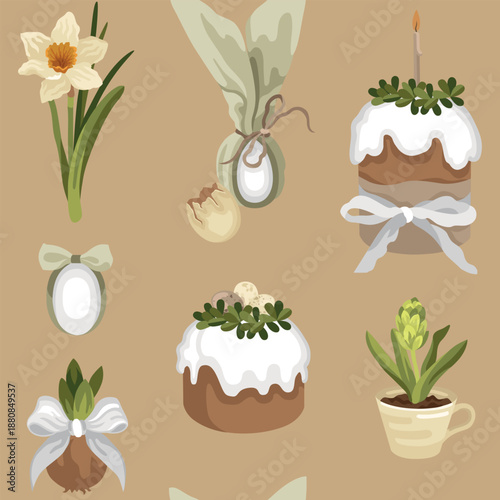 Hand-drawn Easter seamless pattern with Easter cakes, teacup potted flower and daffodil, flower bulb with a bow and Easter eggs