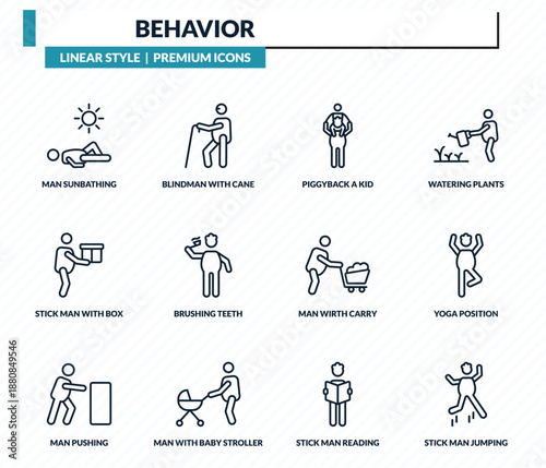 behavior icons set - man sunbathing, blindman with cane, piggyback a kid, yoga position, stick man jumping outline vector collection.