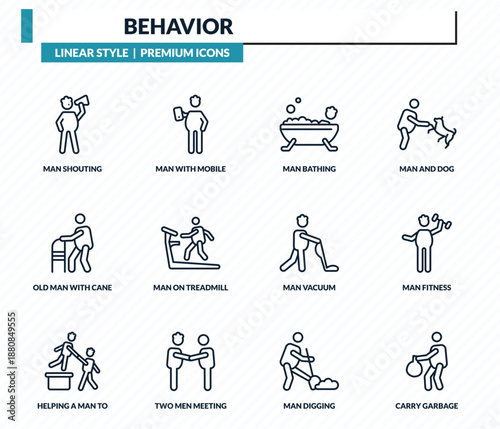 behavior icons set - man shouting, man with mobile phone, man bathing, fitness, carry garbage outline vector collection.