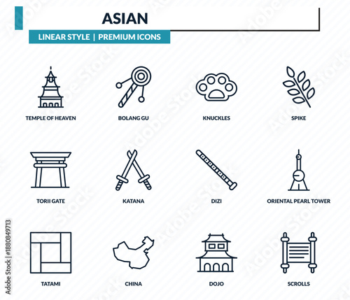 asian icons set - temple of heaven, bolang gu, knuckles, oriental pearl tower, scrolls outline vector collection.