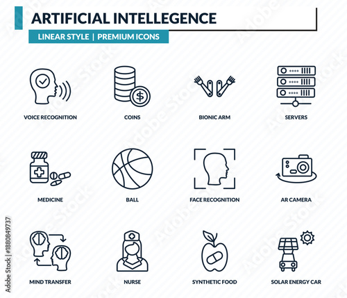 artificial intellegence icons set - voice recognition, coins, bionic arm, ar camera, solar energy car outline vector collection.