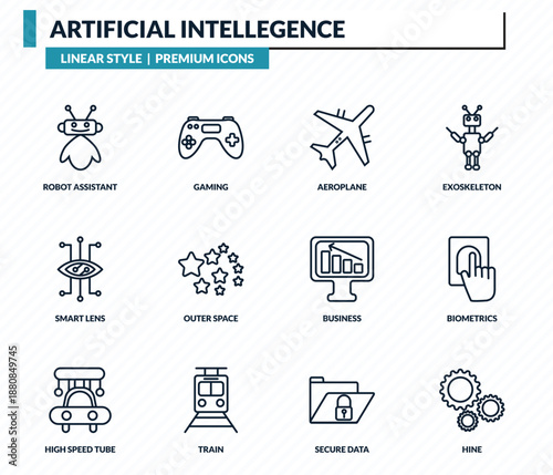 artificial intellegence icons set - robot assistant, gaming, aeroplane, biometrics, hine outline vector collection.