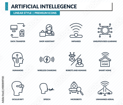 artificial intellegence icons set - data transfer, shop assistant, infrared, smart home, unmanned aerial vehicle outline vector collection.