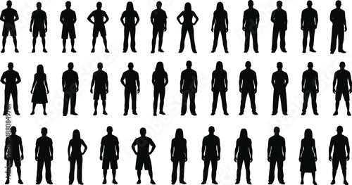 People standing silhouette collection, men and women poses, diverse body shapes, confident posture, black vector character set illustration