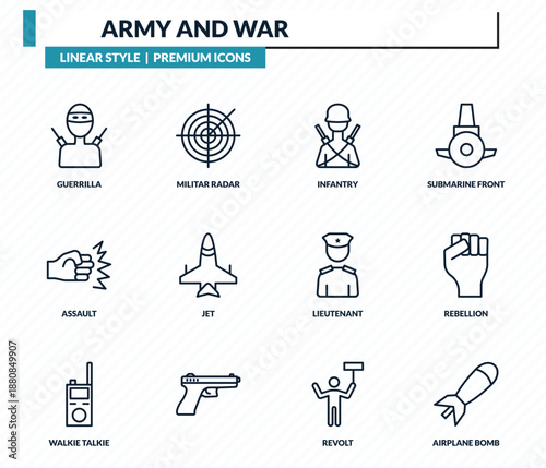 army and war icons set - guerrilla, militar radar, infantry, rebellion, airplane bomb outline vector collection.