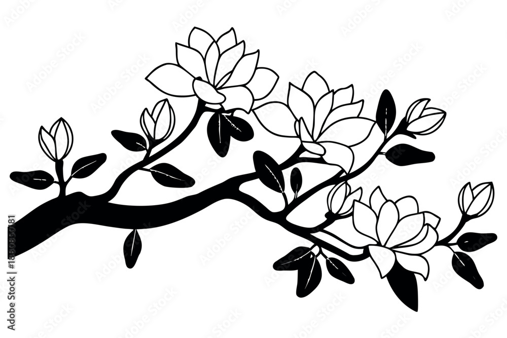 Fototapeta premium Silhouette of a blooming magnolia tree branch with flowers and leaves