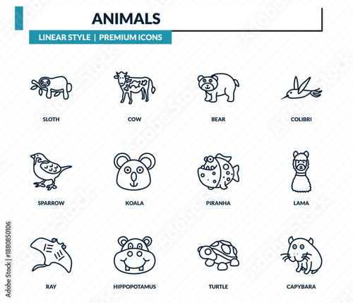 animals icons set - sloth, cow, bear, lama, capybara outline vector collection.