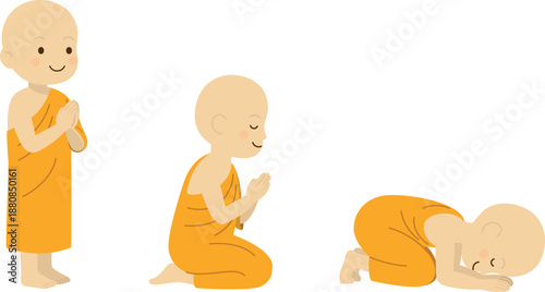 Buddhist Monk Prostration Set 2D Flat style.Young Monk Prayer Positions  Standing, Kneeling, and Prostrating.Buddhist Devotion and Prayer Sequence Cute Monk Character Set