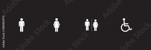 Accessible restroom signage depicting wheelchair male and female symbols for public facilities. Restroom signs for men women. 