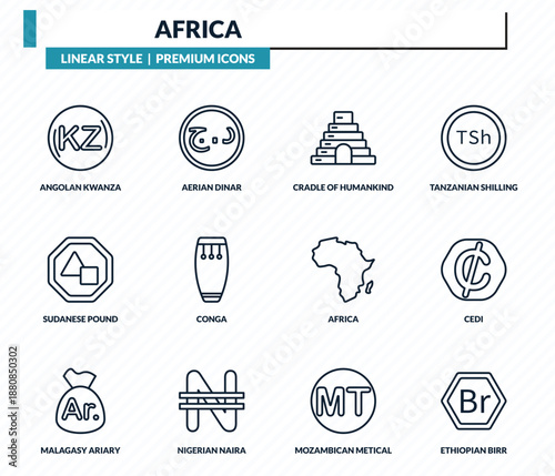 africa icons set - angolan kwanza, aerian dinar, cradle of humankind, cedi, ethiopian birr outline vector collection.