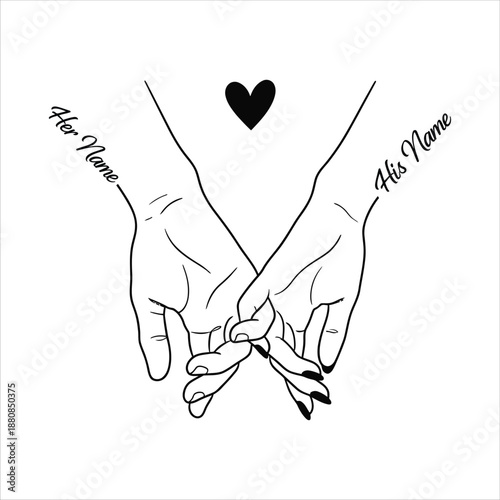 Couple Holding Hands Custom Names Minimal Line Art Vector Illustration