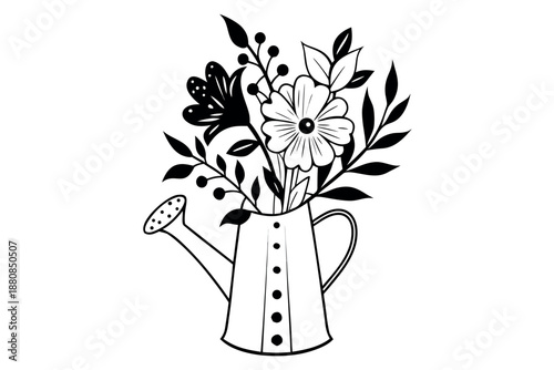 Silhouette of a watering can with flowers and leaves