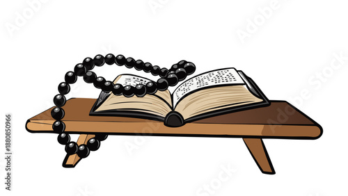 A silhouette of a string of prayer beads (Misbaha) draped over an open book on a wooden stand.