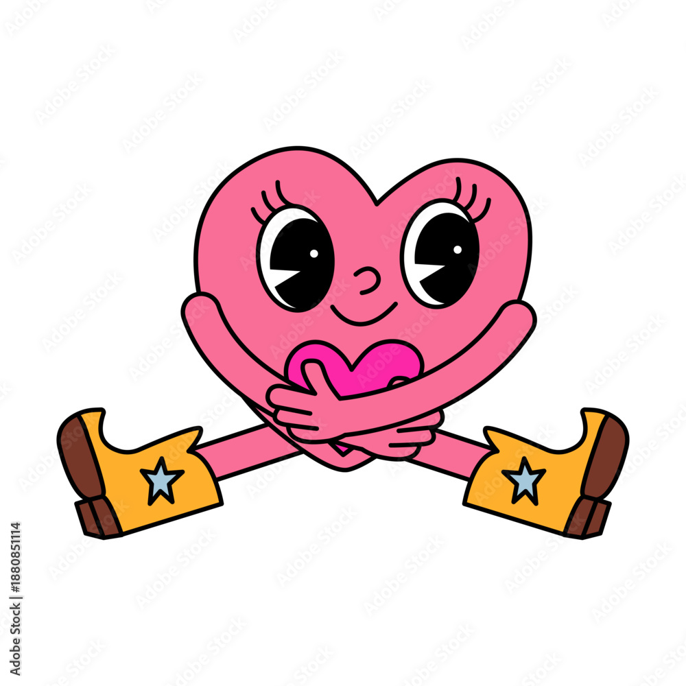 Fototapeta premium Cute pink groovy heart hugging illustration