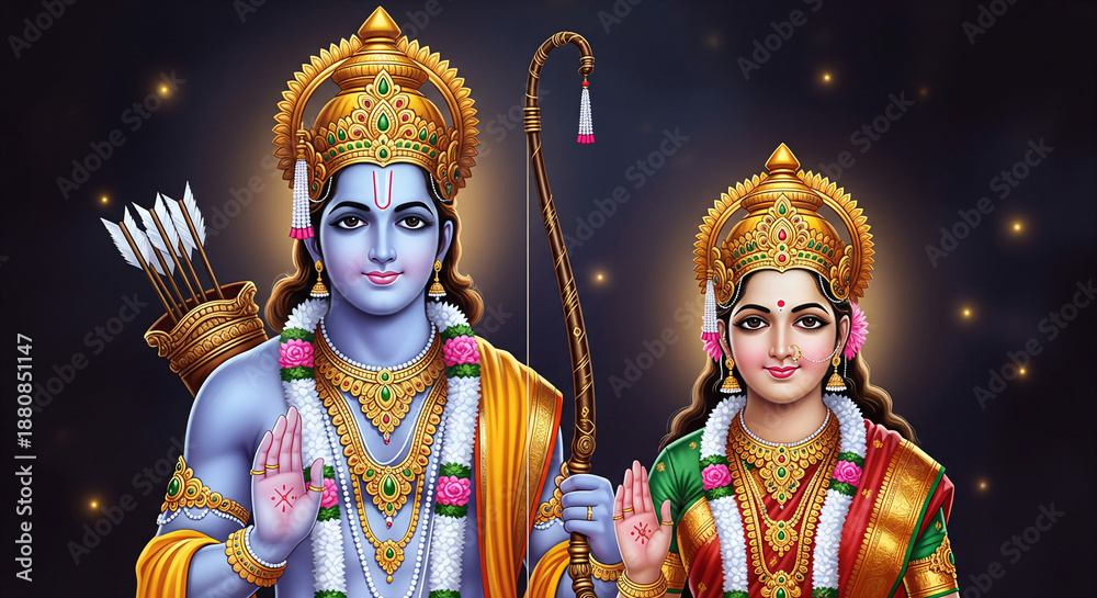 Fototapeta premium Hindu religious god Rama or Ram with goddess Sita for religious, story of Ramayana, Hindu festival Ram navmi, 