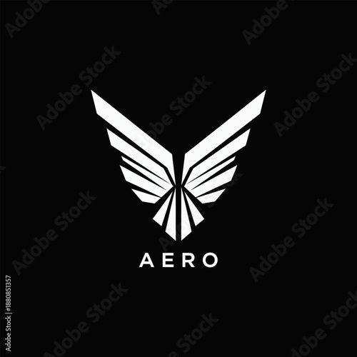 Symmetric Aero Wings Emblem with AERO Wordmark Logo On Black Background. Vector Logo design.