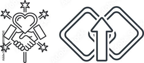 Handshake with heart and stars emblem, abstract business connection icon with upward arrow inside square frame