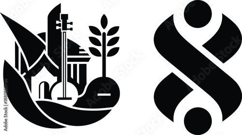 Harmonious Blend of Traditional Cultural Symbolism Featuring Architecture and Music within Nature, Paired with a Modern Abstract Intertwined Loop Design Concept