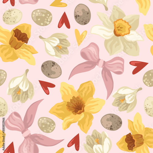 Hand-drawn seamless pattern with daffodil and crocus flowers and bird eggs and hearts and bow, floral Easter background