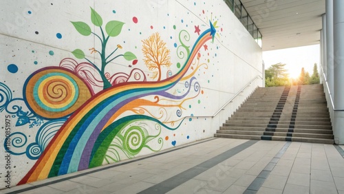 A vibrant mural featuring colorful swirls, leaves, and a rainbow, enhancing a modern stairwell with artistic flair.