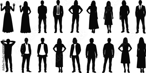 Business people silhouette collection isolated on white background, men and women standing poses, professional characters set for teamwork, corporate, leadership, and workforce concepts