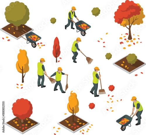 Autumn park workers cleaning fallen leaves, seasonal maintenance crew with rakes, wheelbarrows, safety gear, vibrant foliage, landscaping in fall