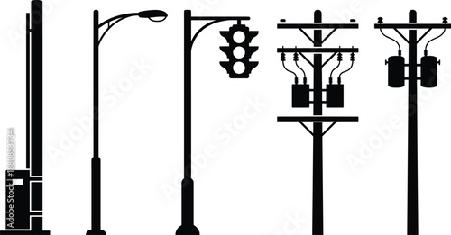 street light and utility pole silhouettes illustration, traffic signal and power infrastructure set, urban black vector isolated