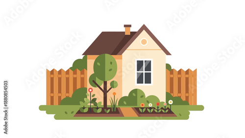 A small house with a garden and fence viewed from the front yard with trees and plants surrounding it.