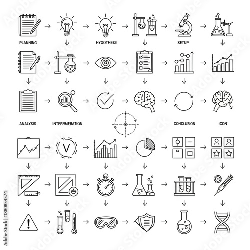 Scientific research process flowchart with icons and symbols