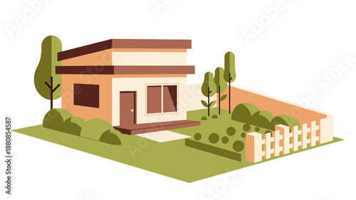 Illustration of a modern house with a garden and fence viewed from the front yard