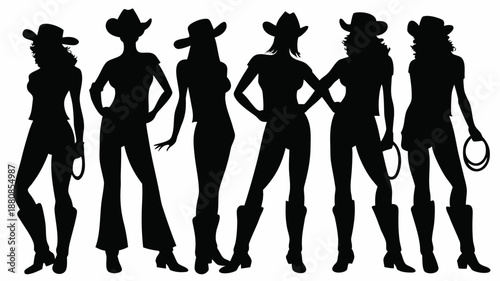 Six cowgirls standing in line with lassos in western attire silhouettes