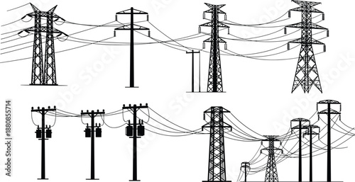 High voltage power transmission towers and utility poles silhouette illustration set showing electric grid infrastructure, overhead power lines and energy distribution network