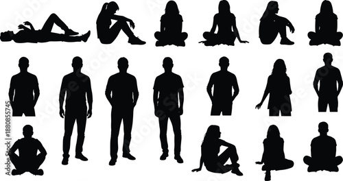 Human silhouettes collection showing men and women sitting, standing, and relaxing poses, people body shapes set, black vector illustration isolated on white background